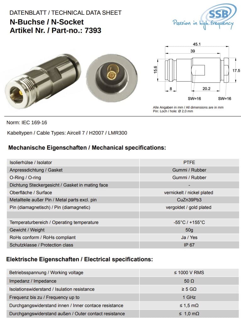 Gniazdo N żeńskie PTFE/GOLD skręcane na przewód 7mm RF-7 Aircell-7 UltraFlex7 (złącze N-F) - np. do anten Helium, Meshtastic, Meshcore