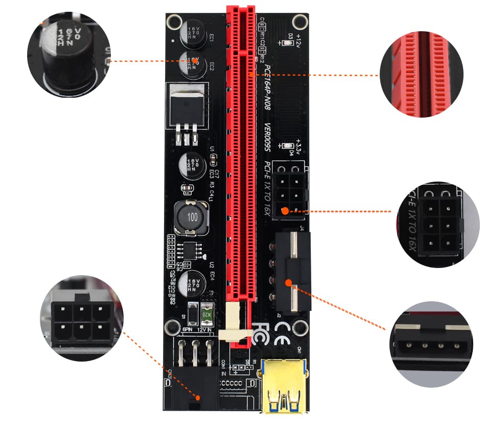 Riser 009S - najnowszy model - PCI-E 1x 4x 8x 16x USB 3.0 pozłacane gniazda np. do koparki kryptowalut (VER009s)