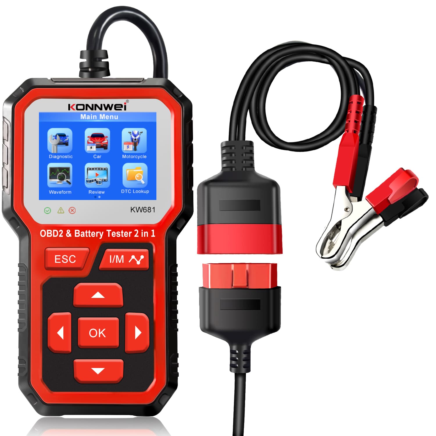 KONNWEI KW-681 6V/12V 2w1 tester akumulatorów + skaner diagnostyczny OBD-2 - diagnostyka / odczyt i kasowanie błędów / test baterii POLSKIE MENU