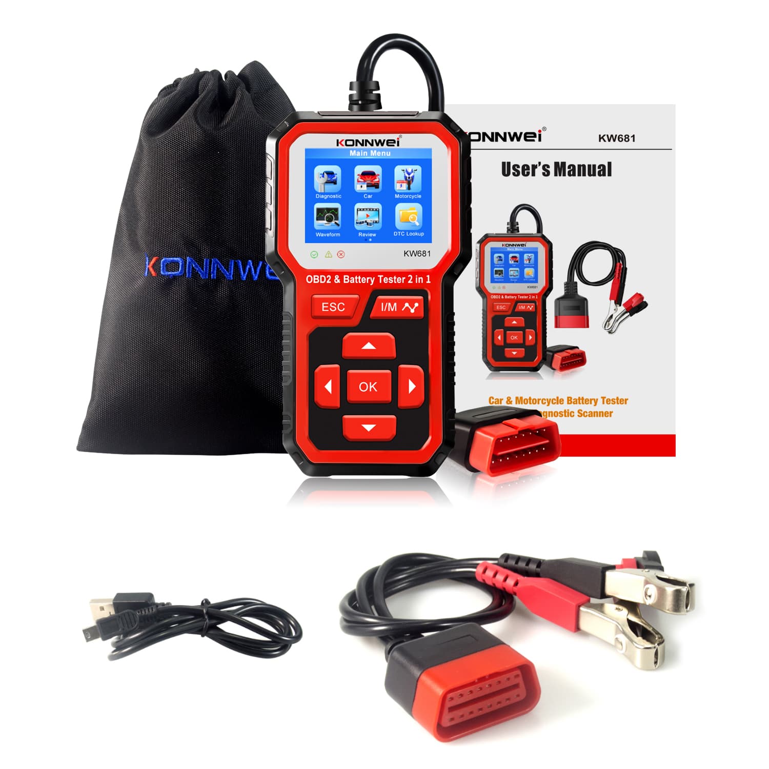 KONNWEI KW-681 6V/12V 2w1 tester akumulatorów + skaner diagnostyczny OBD-2 - diagnostyka / odczyt i kasowanie błędów / test baterii POLSKIE MENU