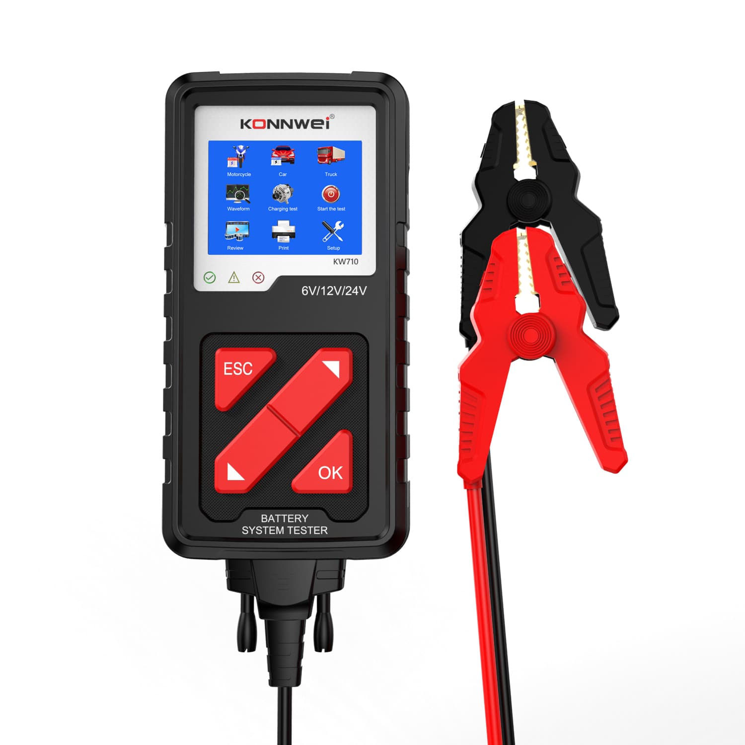 Tester akumulatorów 6V / 12V / 24V KONNWEI KW-710 - test ładowania, pod obciążeniem, żywotności itd. POLSKIE MENU (do osobowych, ciężarowych, motocykli)