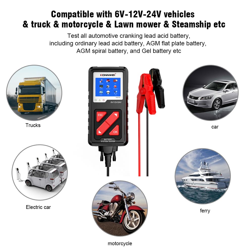 Tester akumulatorów 6V / 12V / 24V KONNWEI KW-710 - test ładowania, pod obciążeniem, żywotności itd. POLSKIE MENU (do osobowych, ciężarowych, motocykli)