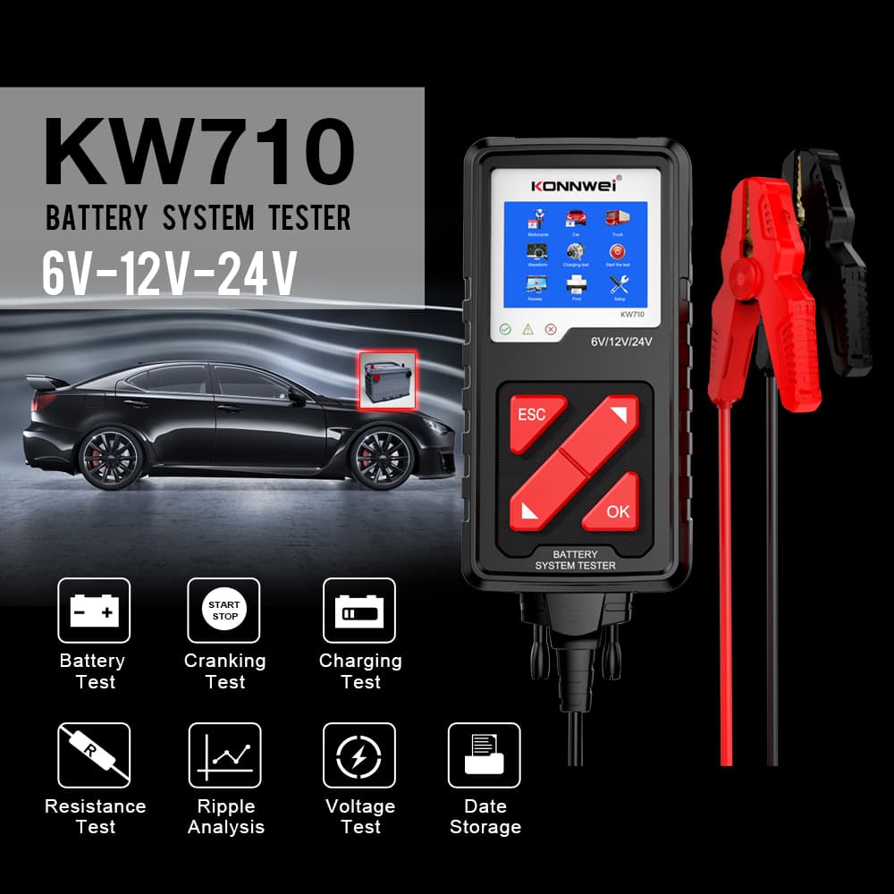 Tester akumulatorów 6V / 12V / 24V KONNWEI KW-710 - test ładowania, pod obciążeniem, żywotności itd. POLSKIE MENU (do osobowych, ciężarowych, motocykli)
