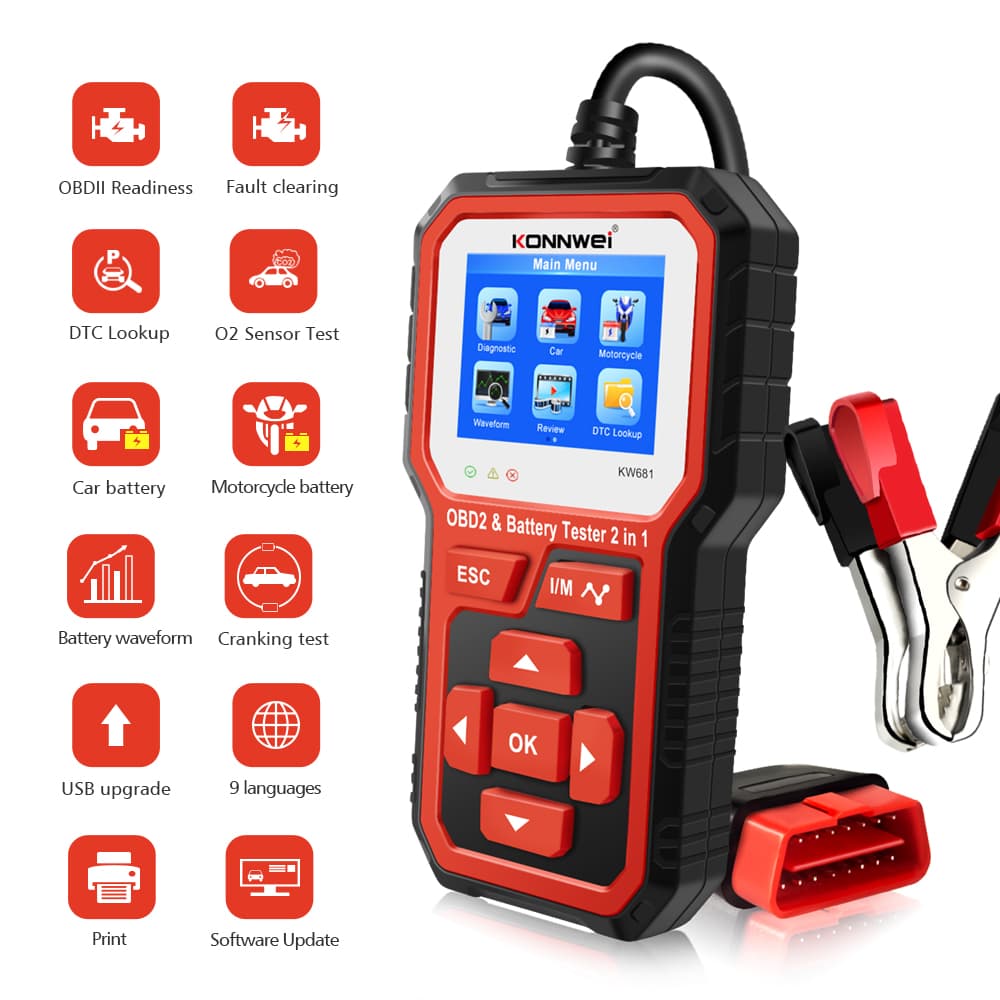 KONNWEI KW-681 6V/12V 2w1 tester akumulatorów + skaner diagnostyczny OBD-2 - diagnostyka / odczyt i kasowanie błędów / test baterii POLSKIE MENU