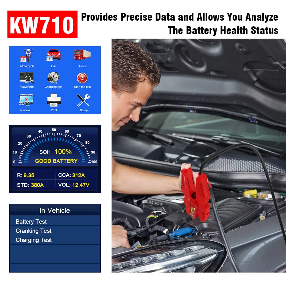 Tester akumulatorów 6V / 12V / 24V KONNWEI KW-710 - test ładowania, pod obciążeniem, żywotności itd. POLSKIE MENU (do osobowych, ciężarowych, motocykli)