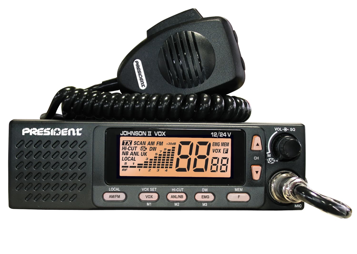 PRESIDENT JOHNSON II VOX ASC 12/24V CB radio z głośnikiem z przodu - idealne do ciężarówki, busa, traktora