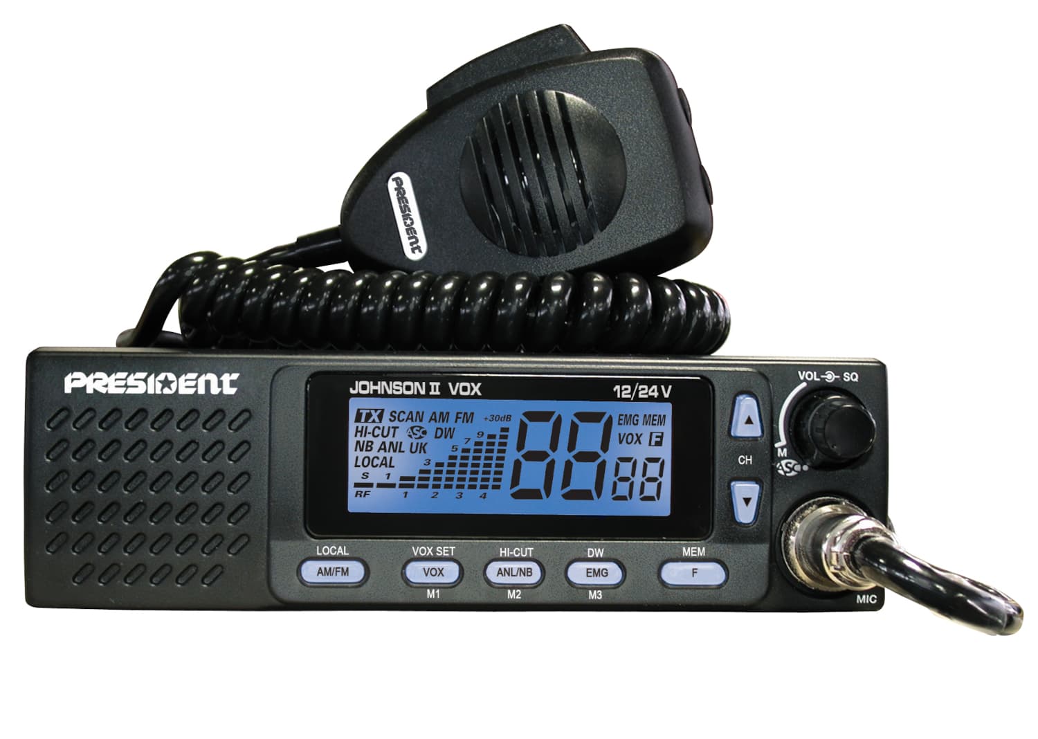 PRESIDENT JOHNSON II VOX ASC 12/24V CB radio z głośnikiem z przodu - idealne do ciężarówki, busa, traktora