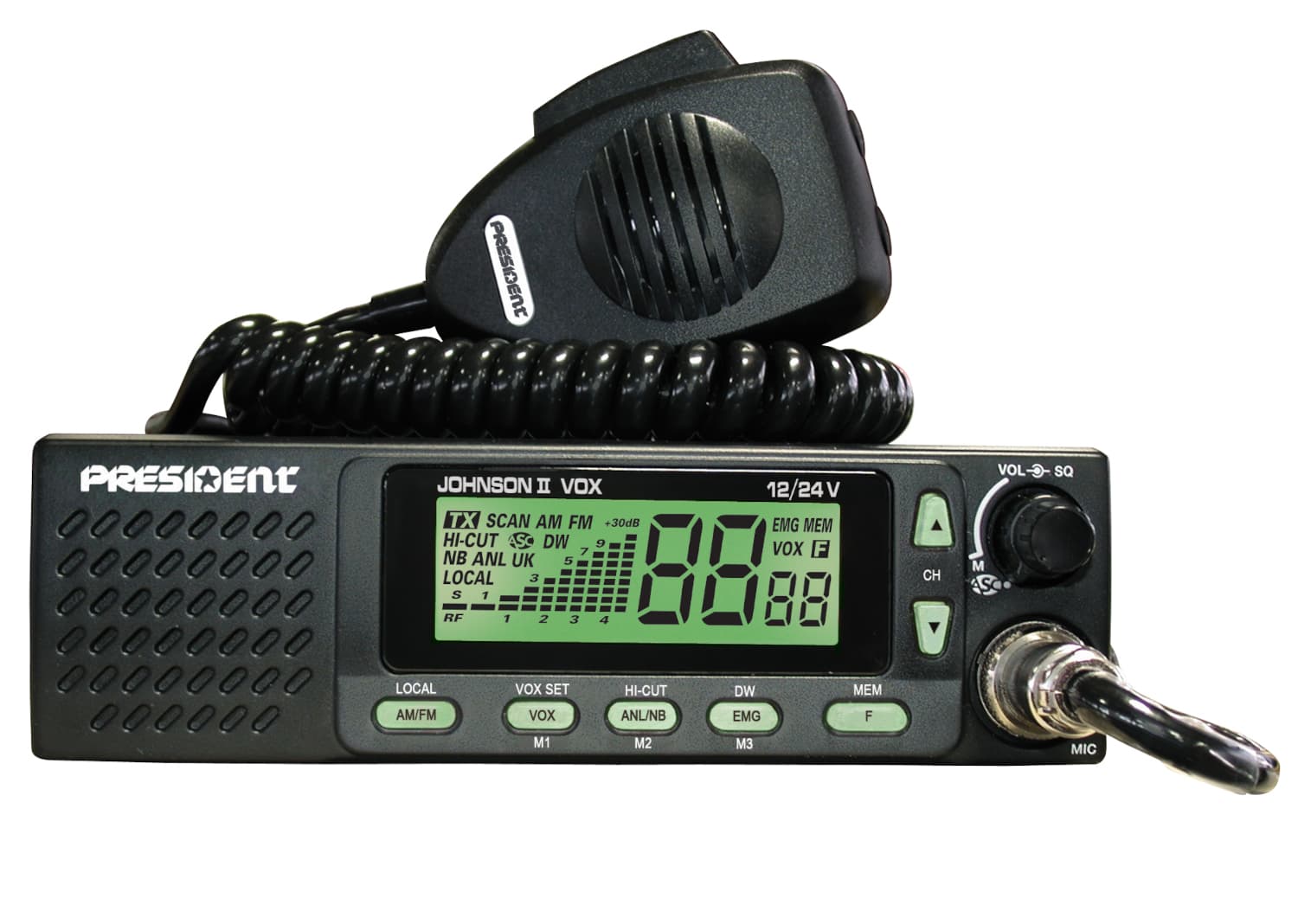 PRESIDENT JOHNSON II VOX ASC 12/24V CB radio z głośnikiem z przodu - idealne do ciężarówki, busa, traktora
