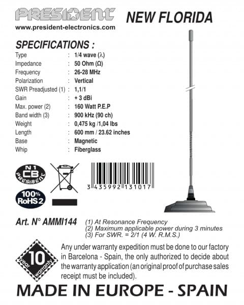 PRESIDENT NEW FLORIDA Antena CB magnesowa helikalna 60cm (czarna, dyskretna) - 6 lat gwarancji