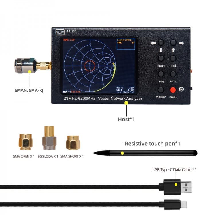 GS-320 analizator antenowy 23MHz - 6.2GHz (HF, VHF, UHF, LTE, WiFi 2.4/5GHz, IoT, bluetooth), dotykowy wyświetlacz 3.2"
