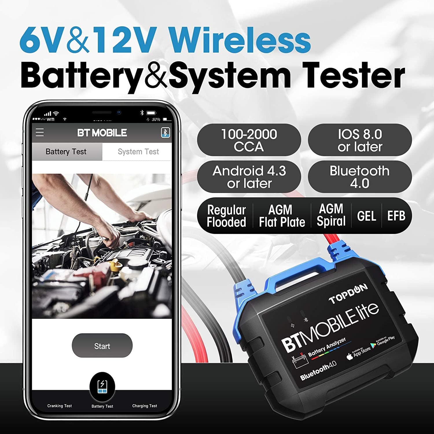 TOPDON BT MOBILE Lite tester akumulatorów 6V / 12V na smartfona - test żywotności, ładowania, pod obciążeniem itd.