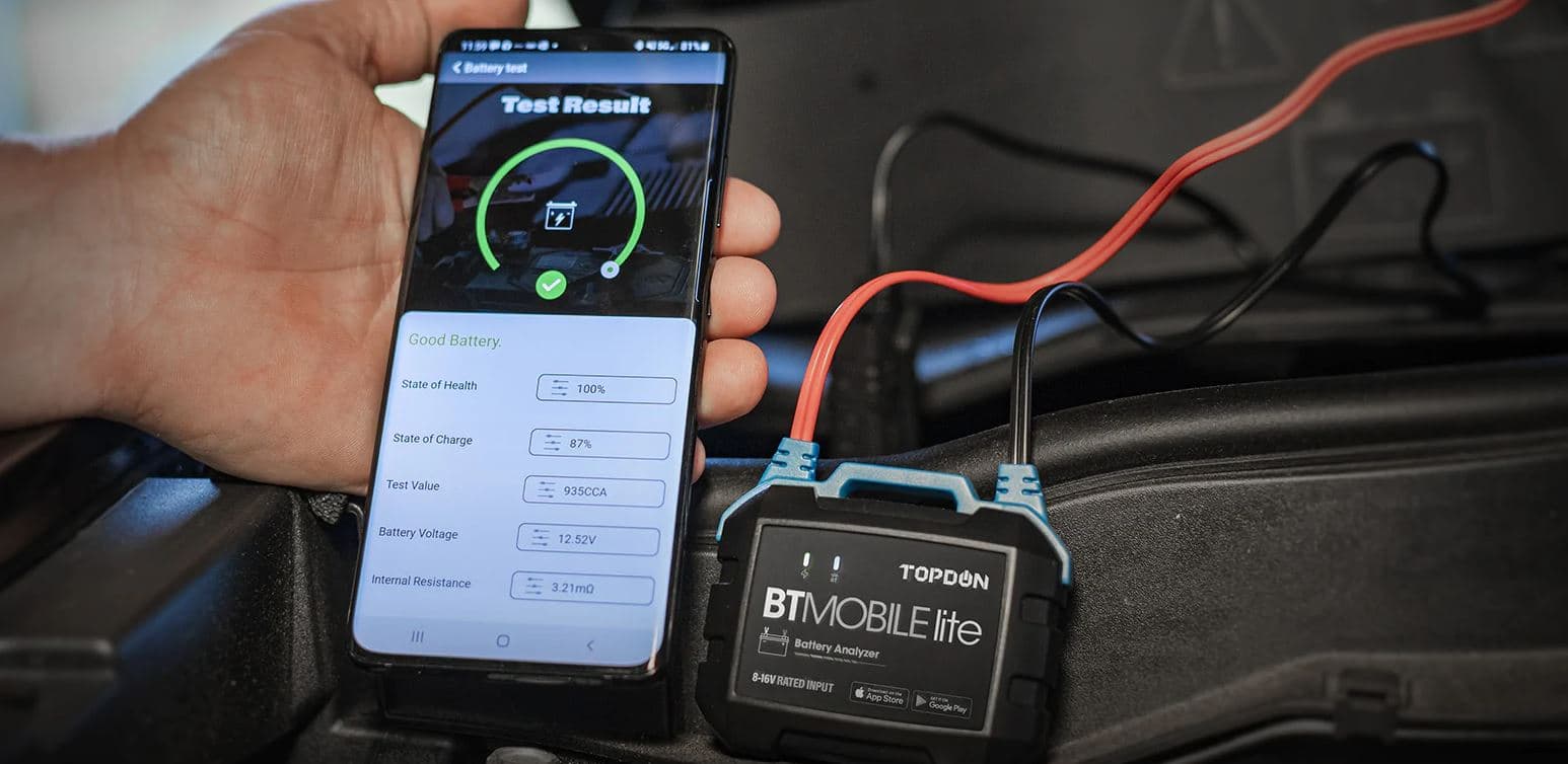 TOPDON BT MOBILE Lite tester akumulatorów 6V / 12V na smartfona - test żywotności, ładowania, pod obciążeniem itd.
