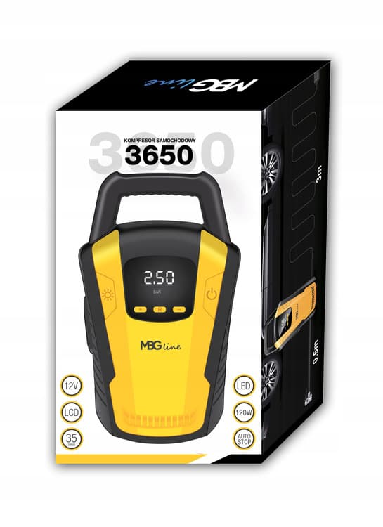 MBG LINE 3650 kompresor samochodowy sprężarka pompka elektryczna 12V latarka LED LCD