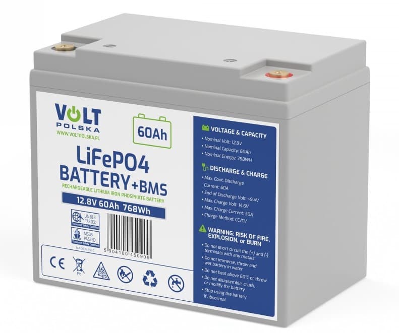 Akumulator VOLT LiFePO4 12V 60Ah 60A + BMS- do zasilania awaryjnego, instalacji off-grid, łodzie, kampery