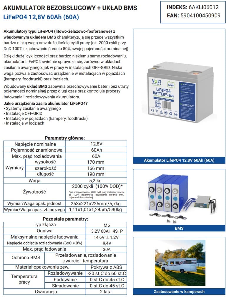 Akumulator VOLT LiFePO4 12V 60Ah 60A + BMS- do zasilania awaryjnego, instalacji off-grid, łodzie, kampery