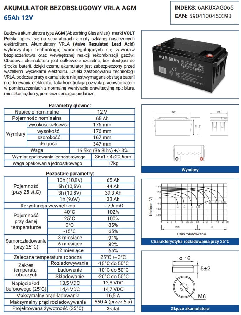 Akumulator VOLT AGM 12V 65Ah VRLA bezobsługowy - do awaryjnego zasilania pieców, pomp, automatyki, alarmów itp.