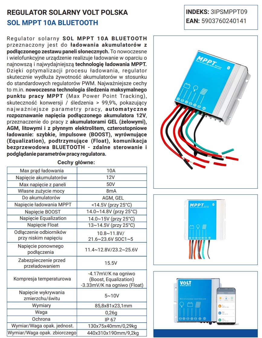 Regulator solarny ładowania Volt MPPT 10A do systemów 12V - aplikacja na telefon, bluetooth