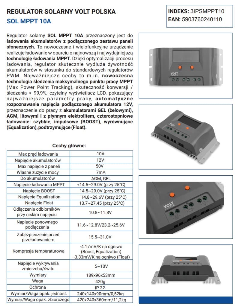 Regulator solarny ładowania Volt MPPT 10A do systemów 12V - LCD