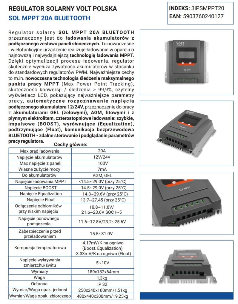 Regulator solarny ładowania Volt MPPT 20A do systemów 12/24V - LCD, bluetooth