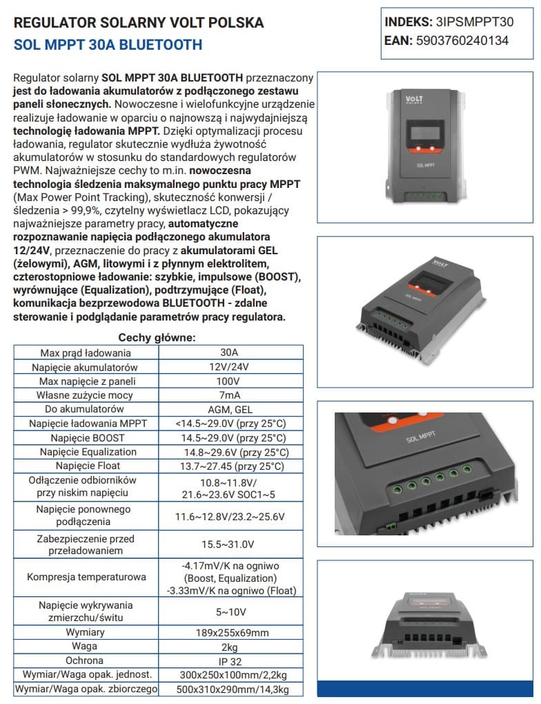 Regulator solarny ładowania Volt MPPT 30A do systemów 12/24V - LCD, bluetooth