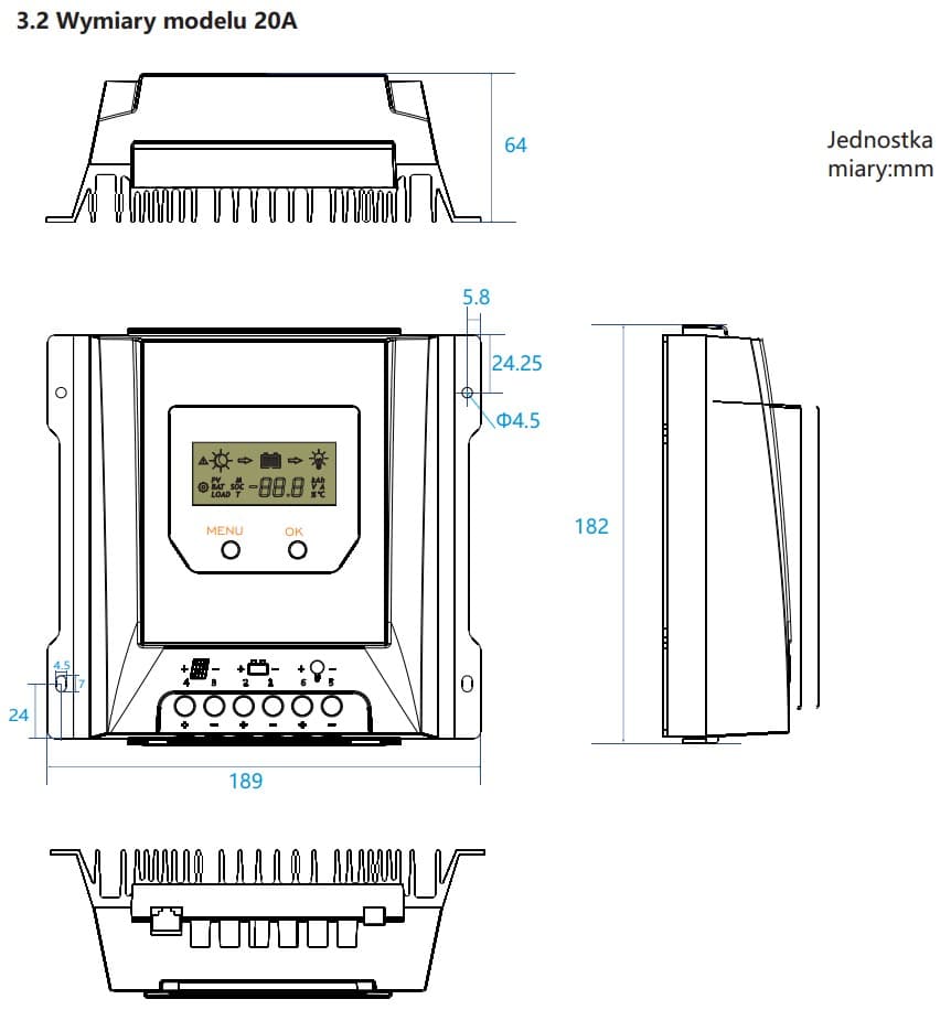 Regulator solarny ładowania Volt MPPT 20A do systemów 12/24V - LCD, bluetooth