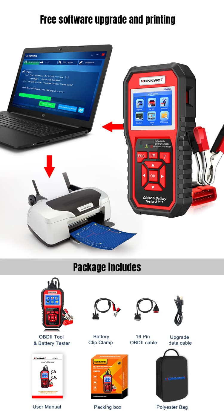 Konnwei KW870 6V/12V 2w1 - interfejs diagnostyczny OBD-2 + tester akumulatorów - odczyt i kasowanie błędów komputera - uniwersalny POLSKIE MENU