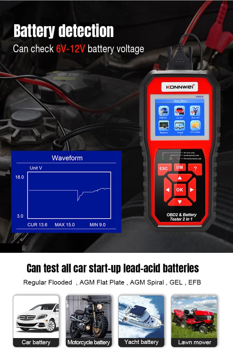 Konnwei KW870 6V/12V 2w1 - interfejs diagnostyczny OBD-2 + tester akumulatorów - odczyt i kasowanie błędów komputera - uniwersalny POLSKIE MENU