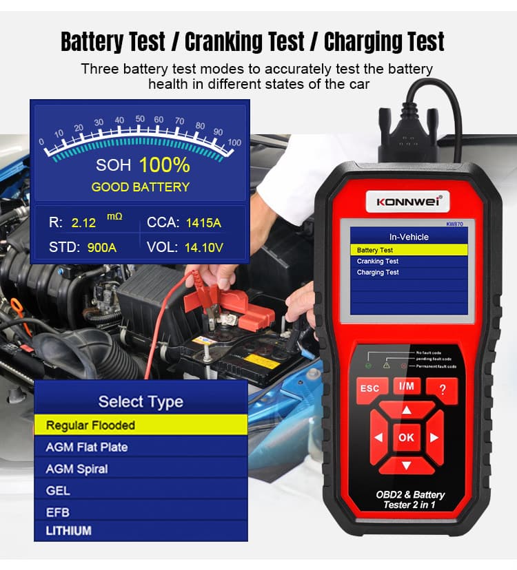 Konnwei KW870 6V/12V 2w1 - interfejs diagnostyczny OBD-2 + tester akumulatorów - odczyt i kasowanie błędów komputera - uniwersalny POLSKIE MENU
