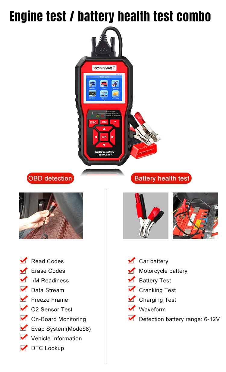 Konnwei KW870 6V/12V 2w1 - interfejs diagnostyczny OBD-2 + tester akumulatorów - odczyt i kasowanie błędów komputera - uniwersalny POLSKIE MENU