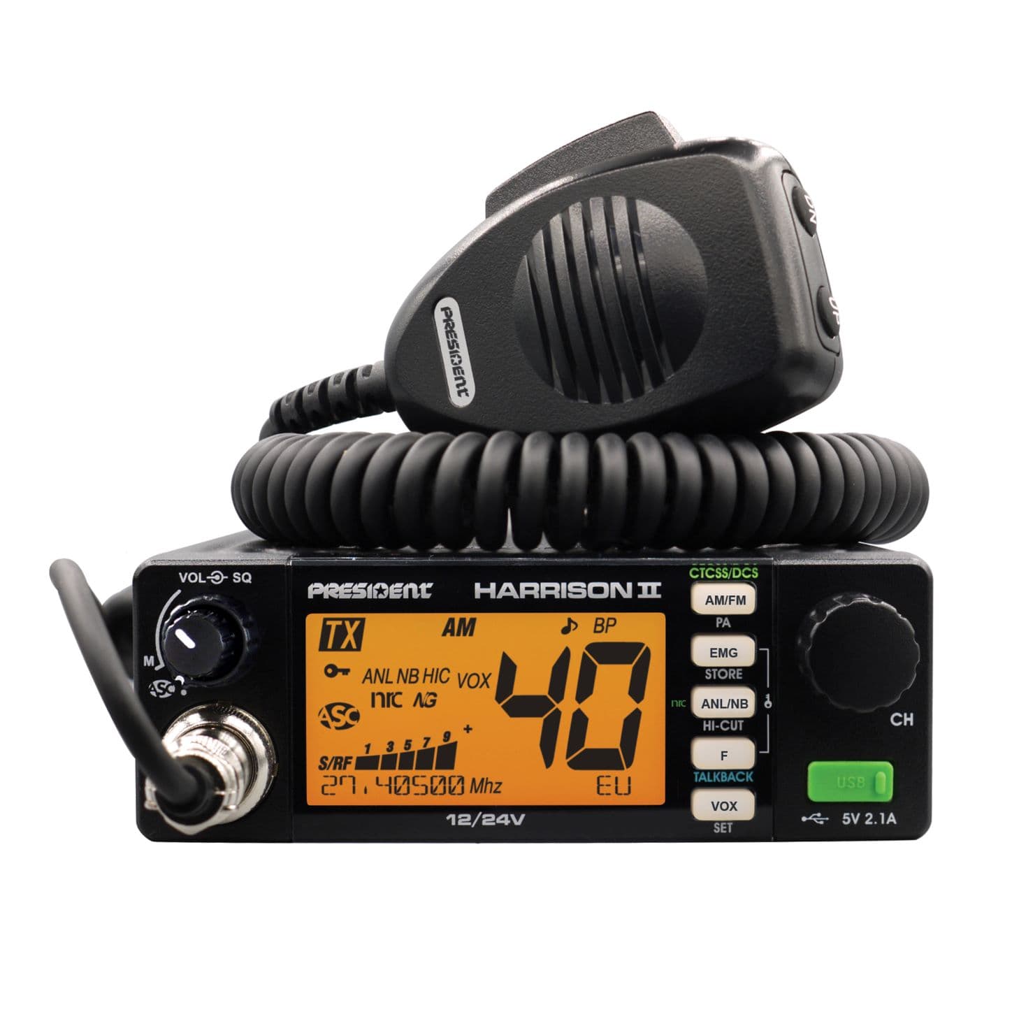 PRESIDENT HARRISON II kompaktowe CB radio AM/FM, ASC, VOX, NRC, zasilanie 12/24V, miernik SWR (następca President Harry III)