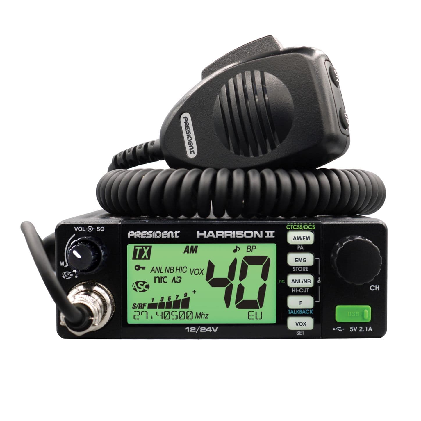 PRESIDENT HARRISON II kompaktowe CB radio AM/FM, ASC, VOX, NRC, zasilanie 12/24V, miernik SWR (następca President Harry III)