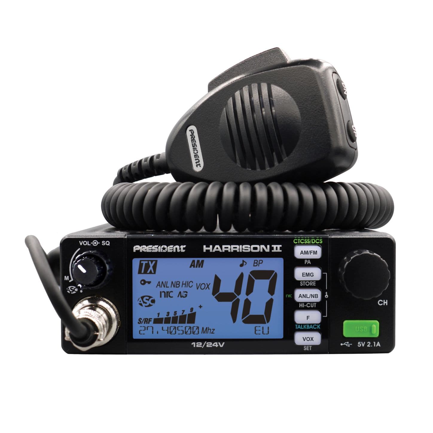 PRESIDENT HARRISON II kompaktowe CB radio AM/FM, ASC, VOX, NRC, zasilanie 12/24V, miernik SWR (następca President Harry III)