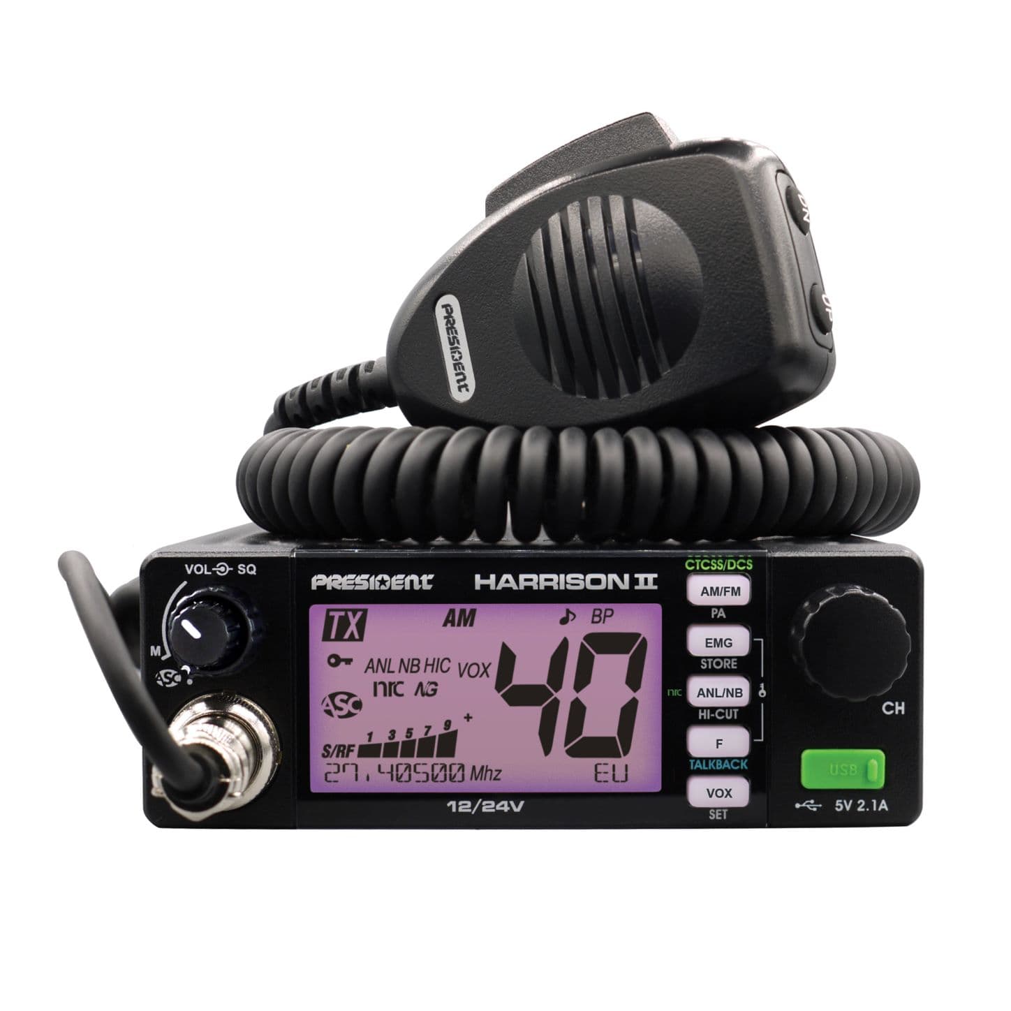PRESIDENT HARRISON II kompaktowe CB radio AM/FM, ASC, VOX, NRC, zasilanie 12/24V, miernik SWR (następca President Harry III)