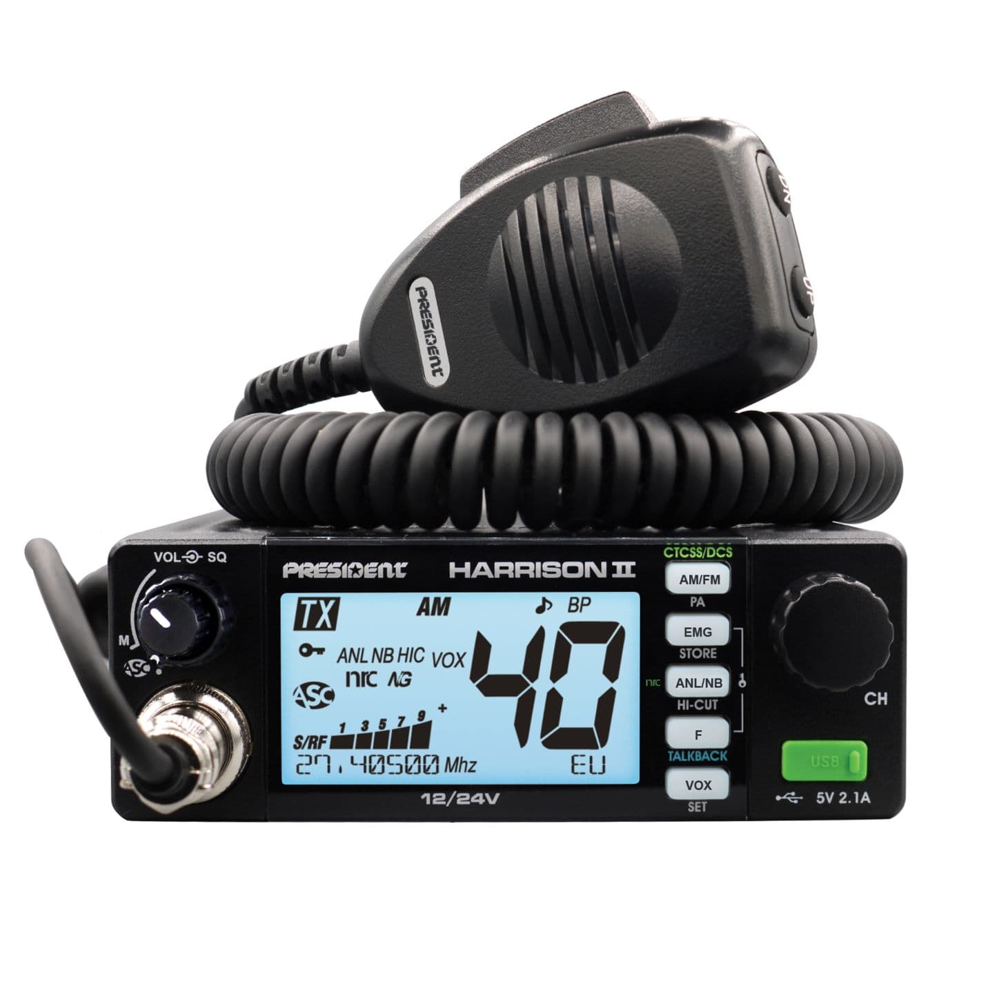 PRESIDENT HARRISON II kompaktowe CB radio AM/FM, ASC, VOX, NRC, zasilanie 12/24V, miernik SWR (następca President Harry III)