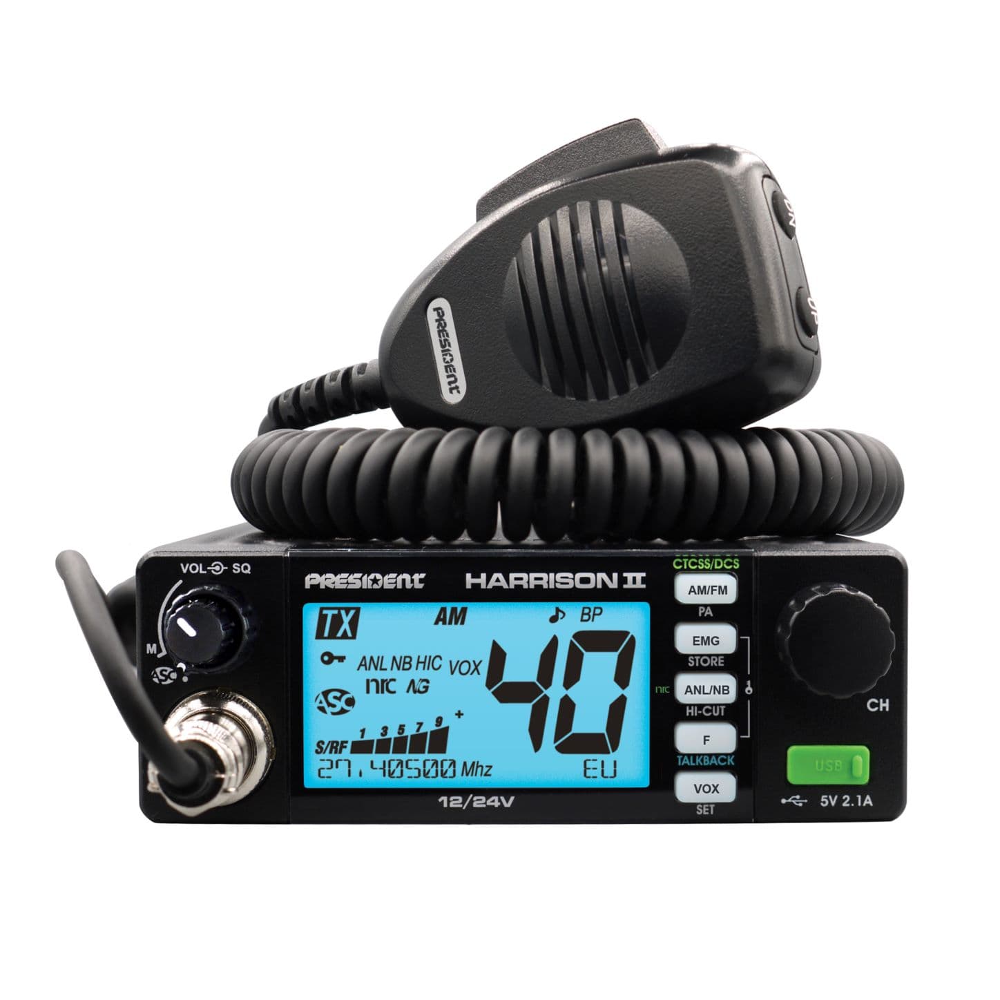 PRESIDENT HARRISON II kompaktowe CB radio AM/FM, ASC, VOX, NRC, zasilanie 12/24V, miernik SWR (następca President Harry III)