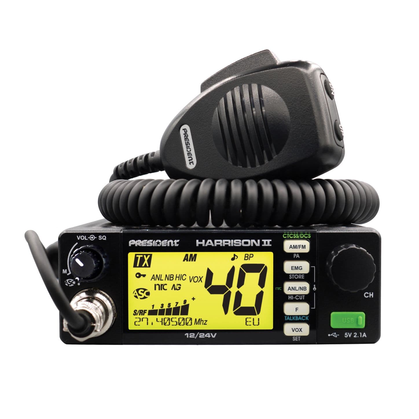 PRESIDENT HARRISON II kompaktowe CB radio AM/FM, ASC, VOX, NRC, zasilanie 12/24V, miernik SWR (następca President Harry III)