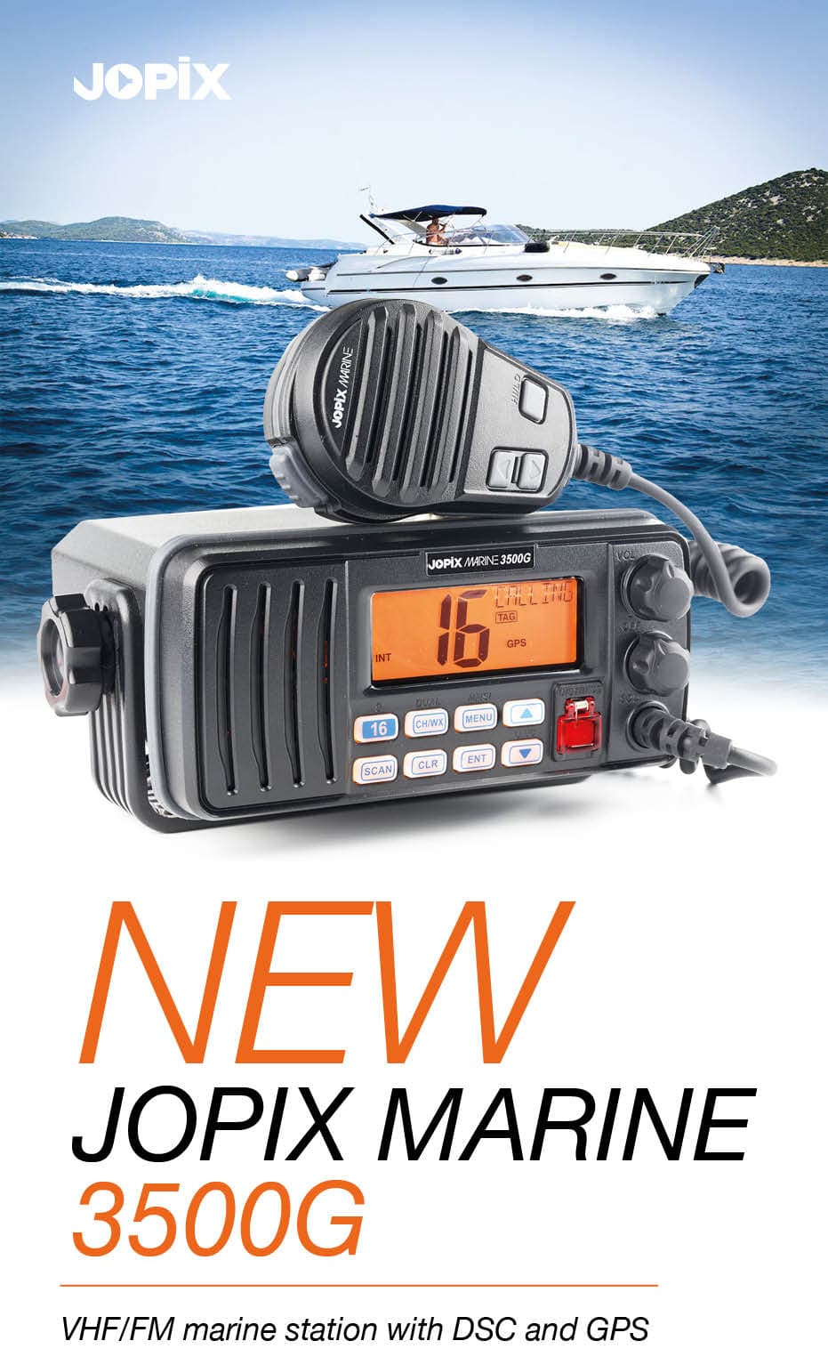 Jopix Marine 3500G stacjonarny radiotelefon morski VHF wodoodporny IP67, DSC, GPS, moc 25W
