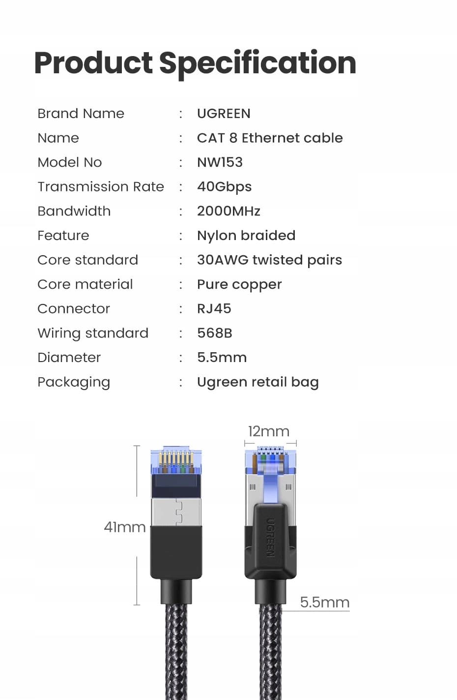 Przewód sieciowy RJ-45 50cm CAT.8 Ethernet UGREEN