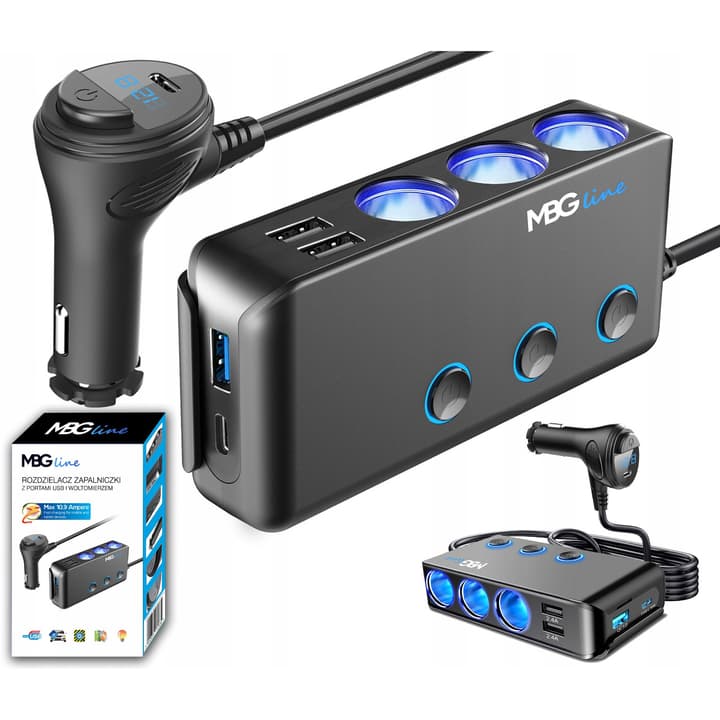 Rozgałęźnik do gniazda zapalniczki 3x 12/24V, 3x USB (1x QC3.0), 2x USB-C 30W woltomierz, włączniki (rozdzielacz gniazda zapalniczki MBGLine HC67C)