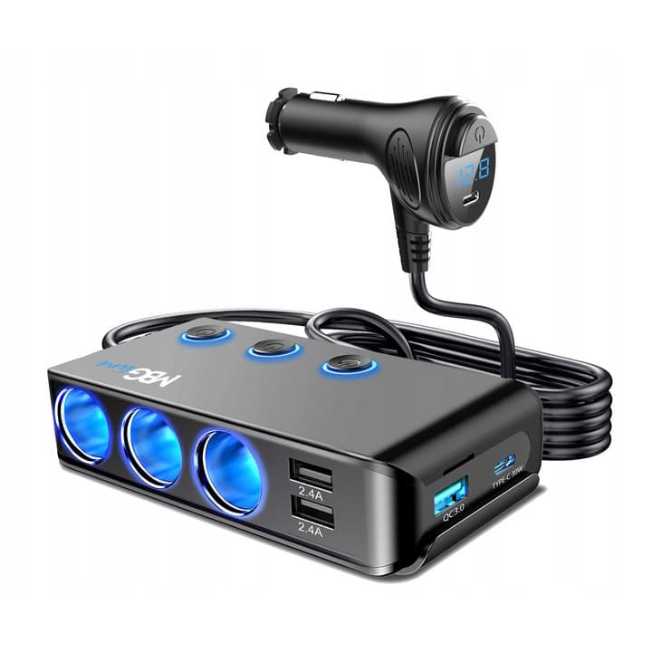 Rozgałęźnik do gniazda zapalniczki 3x 12/24V, 3x USB (1x QC3.0), 2x USB-C 30W woltomierz, włączniki (rozdzielacz gniazda zapalniczki MBGLine HC67C)