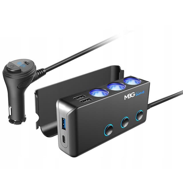 Rozgałęźnik do gniazda zapalniczki 3x 12/24V, 3x USB (1x QC3.0), 2x USB-C 30W woltomierz, włączniki (rozdzielacz gniazda zapalniczki MBGLine HC67C)