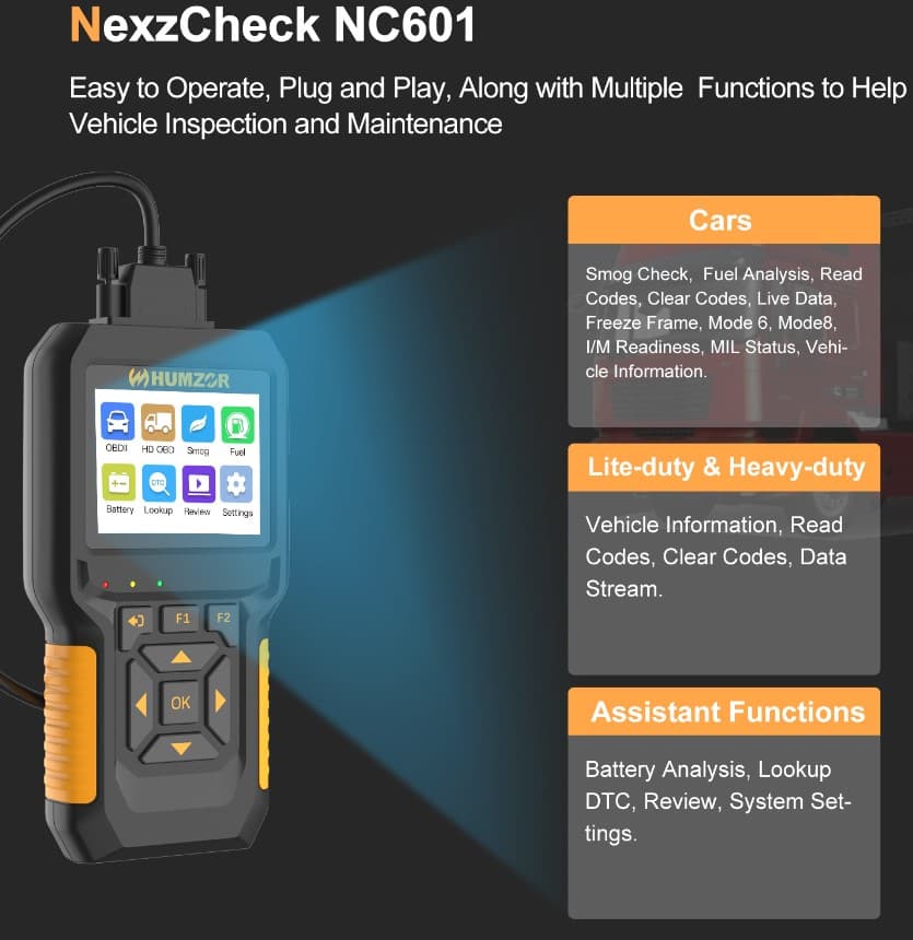 HUMZOR NC601 skaner diagnostyczny OBD-2 - auta osobowe i ciężarowe, adapter J1939 - odczyt i kasowanie błędów komputera - uniwersalny