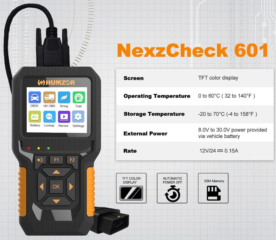 HUMZOR NC601 skaner diagnostyczny OBD-2 - auta osobowe i ciężarowe, adapter J1939 - odczyt i kasowanie błędów komputera - uniwersalny