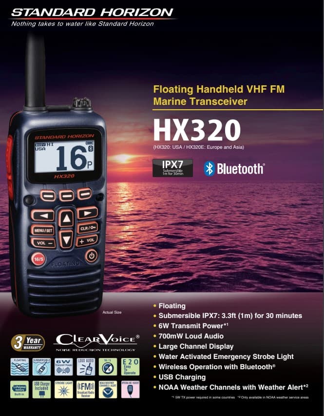 Standard Horizon HX-320E ręczny radiotelefon morski WODOSZCZELNY IPX7, pływający, moc 6W, USB-C, Bluetooth (następca HX-300E)