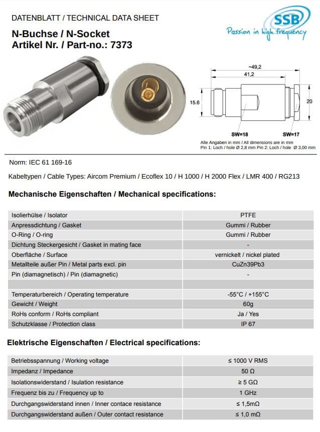Gniazdo skręcane N na kabel 10mm (bez lutowania) np. RF-10, HyperFlex 10, Broad Pro 50C, RG-213, H-1000, Ecoflex 10 (SSB Solderless 7373)