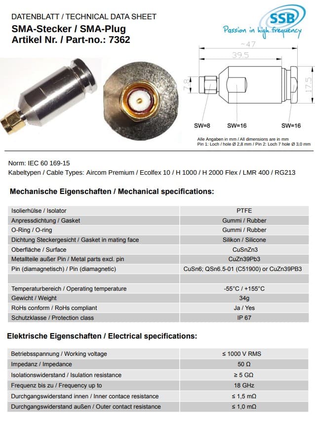 Wtyk skręcany SMA na kabel 10mm np. RF-10, HyperFlex 10, Broad Pro 50C, RG-213, H-1000, LMR-400, Ecoflex 10 (SSB 7362)