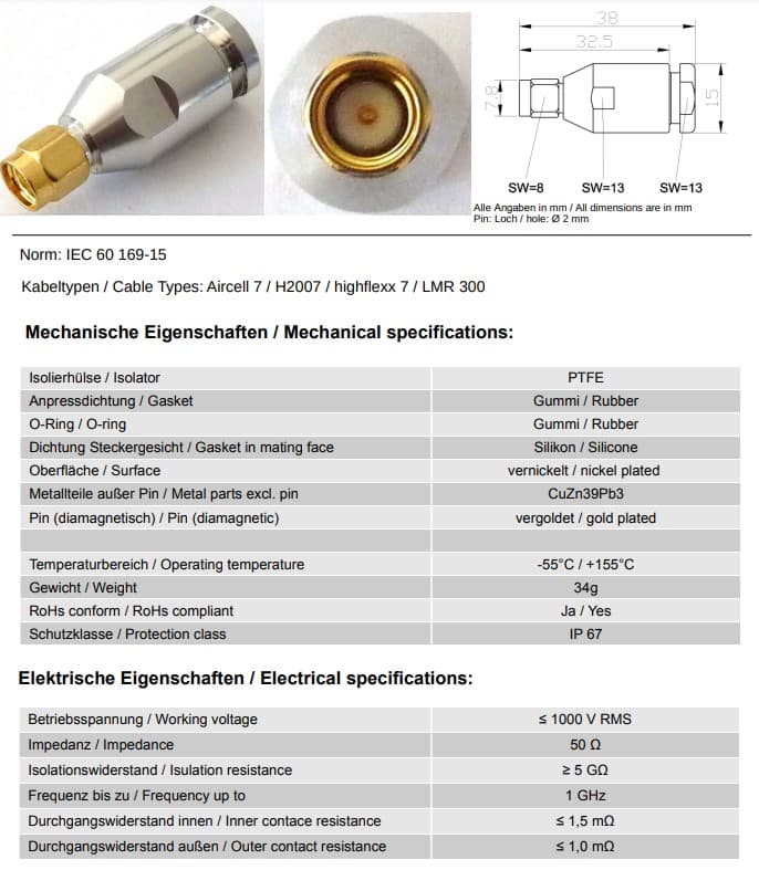Wtyk skręcany SMA na kabel 7mm np. RF-7, UltraFlex 7, Aircell 7, ExtraFlex 7 Bury (SSB 7385)