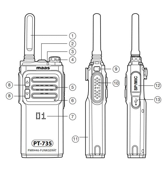 MAAS PT-375 przenośne radio PMR walkie talkie 99 kanałów, VOX, IPX2, duża bateria 2300 mAh