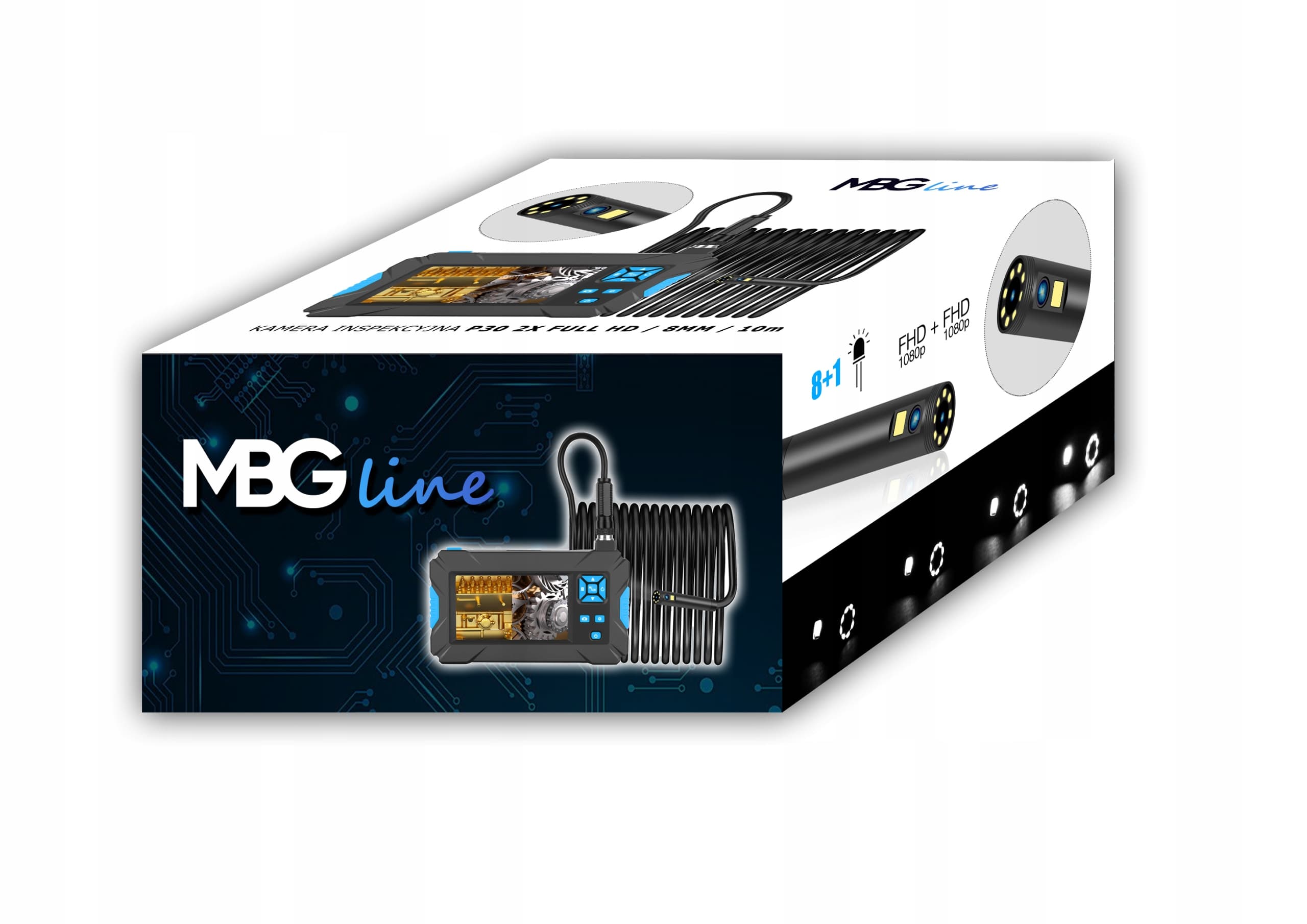 MBG LINE P30 wysokiej klasy endoskop 2 kamery inspekcyjne 1080p FHD, 9x LED, wyświetlacz LCD 4.3", polskie menu, nagrywanie na kartę - sztywny kabel 10m