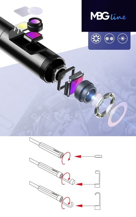 MBG LINE P30 wysokiej klasy endoskop 2 kamery inspekcyjne 1080p FHD, 9x LED, wyświetlacz LCD 4.3", polskie menu, nagrywanie na kartę - sztywny kabel 10m